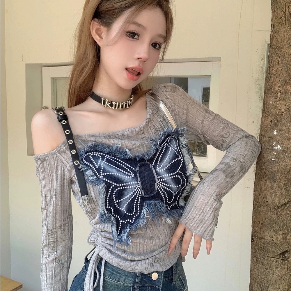 Gray Ribbed Embellished Long Sleeve Top